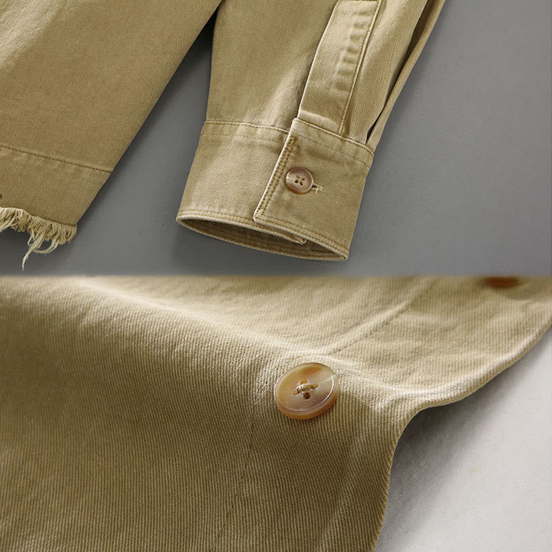 Buddha Stones Men's Pure Color Tassels Hem Design Cotton Long Sleeve Shirt With Pocket - image 5