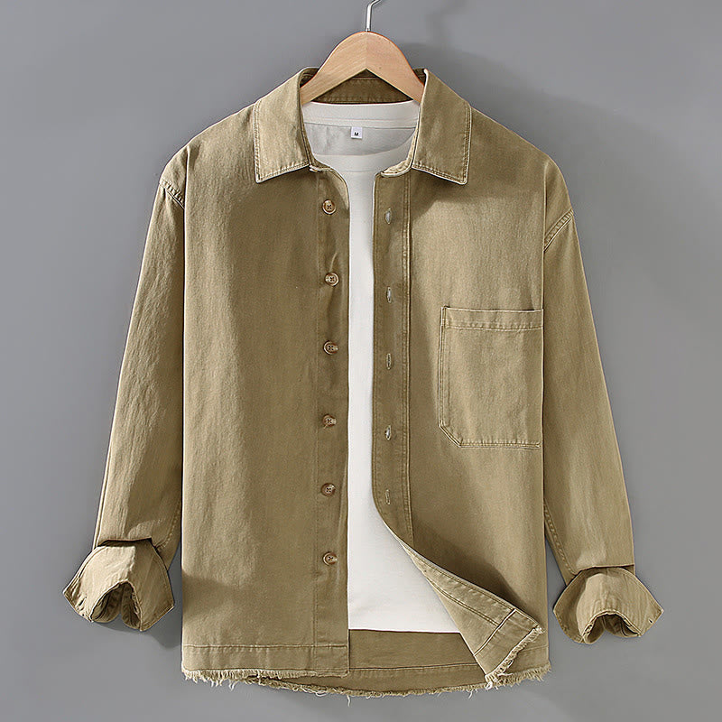 Buddha Stones Men's Pure Color Tassels Hem Design Cotton Long Sleeve Shirt With Pocket - Khaki - US/UK/AU46,EU56 (3XL) - image 1