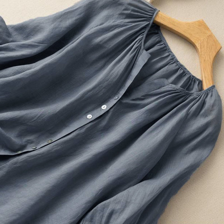 Buddha Stones Vintage Button Three Quarter Puff Sleeve V-Neck Cotton Women's Shirt - image 3