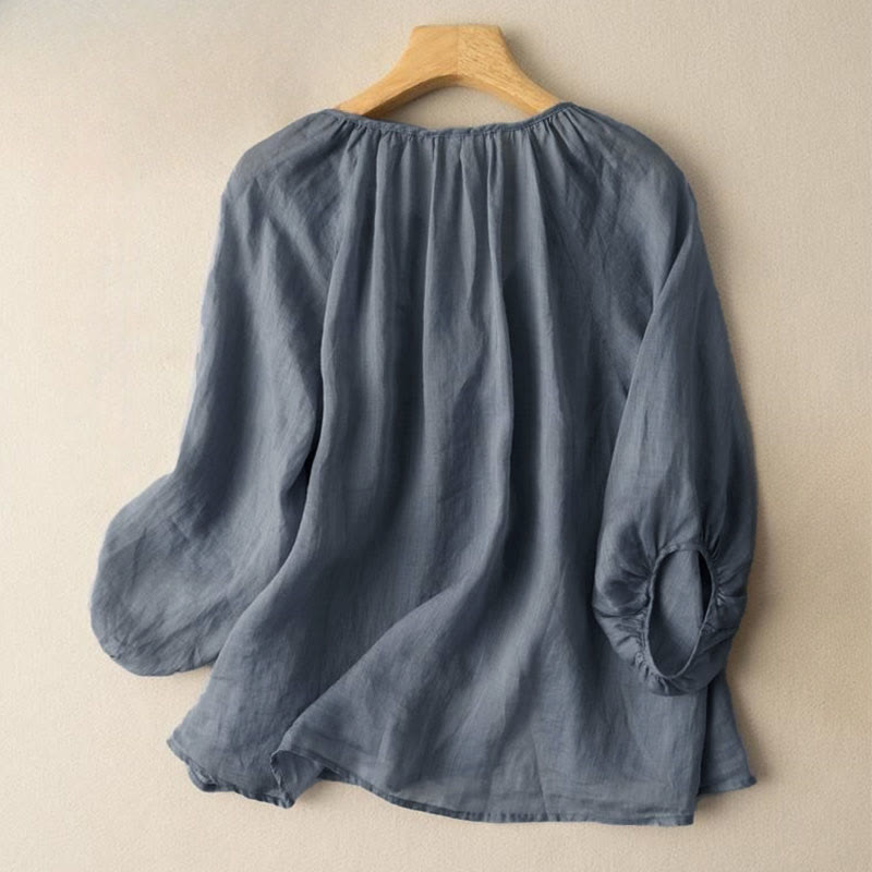 Buddha Stones Vintage Button Three Quarter Puff Sleeve V-Neck Cotton Women's Shirt - image 1