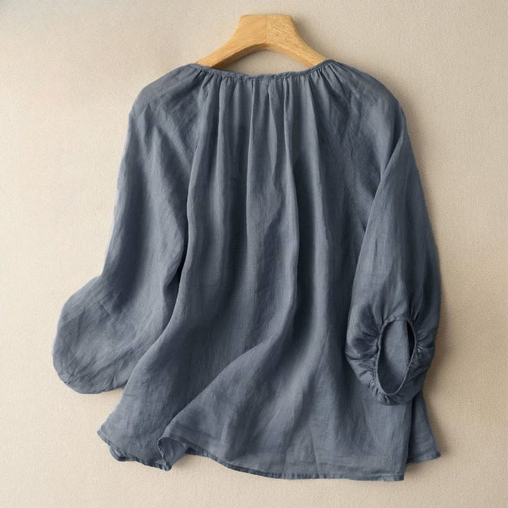 Buddha Stones Vintage Button Three Quarter Puff Sleeve V-Neck Cotton Women's Shirt - image 1