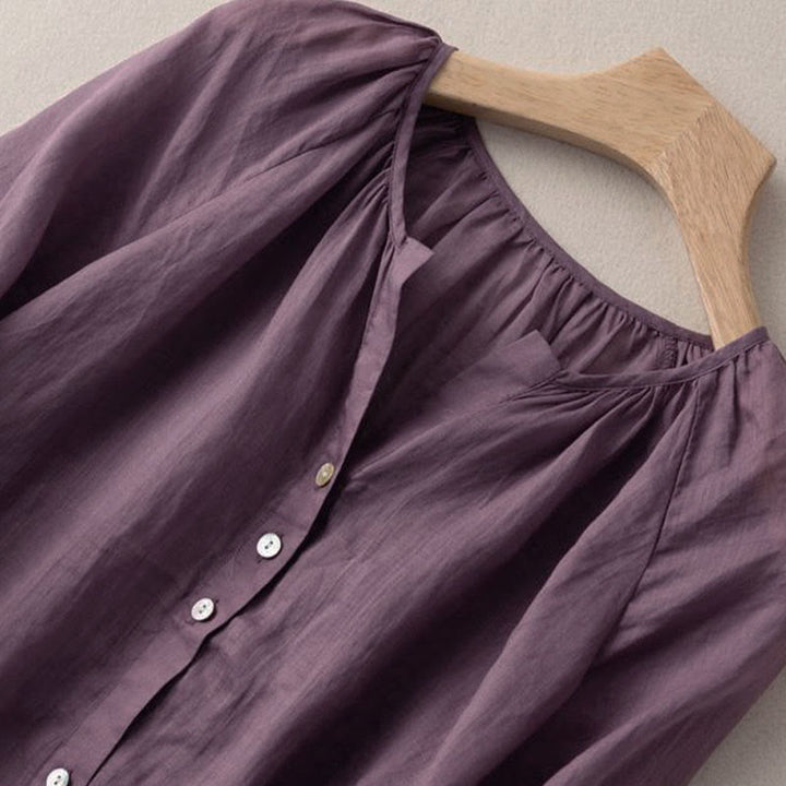 Buddha Stones Vintage Button Three Quarter Puff Sleeve V-Neck Cotton Women's Shirt - image 5