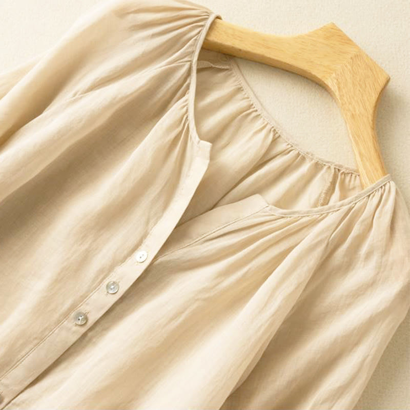 Buddha Stones Vintage Button Three Quarter Puff Sleeve V-Neck Cotton Women's Shirt - image 11