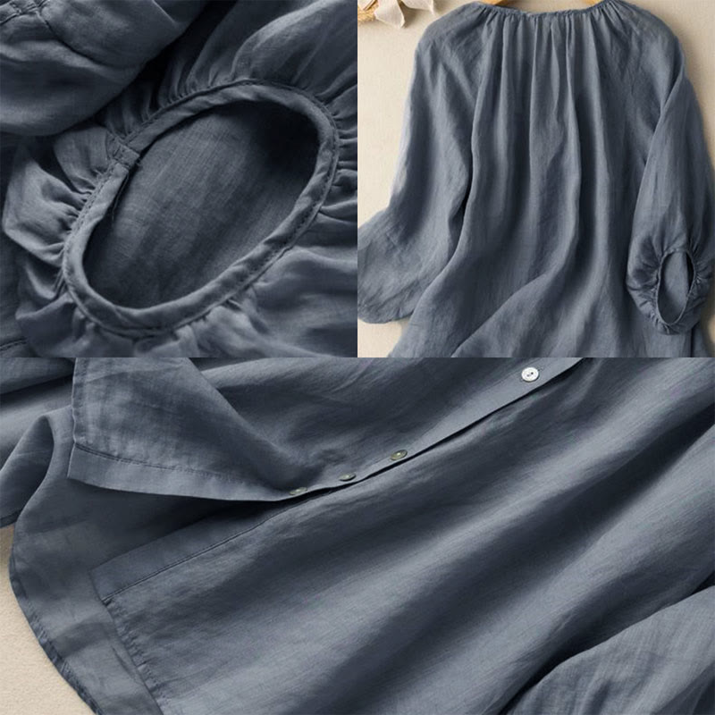 Buddha Stones Vintage Button Three Quarter Puff Sleeve V-Neck Cotton Women's Shirt - image 4