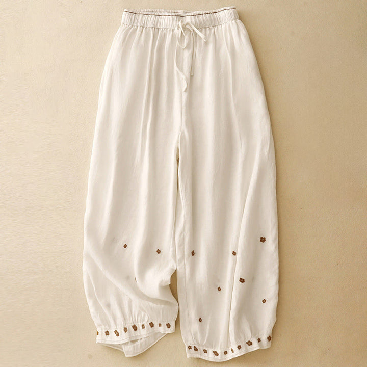 Buddha Stones Casual Embroidered Petals Women's Cotton Linen 7-8 Length Harem Pants With Pockets - Linen - US12,UK/AU16,EU44 (2XL) - image 6