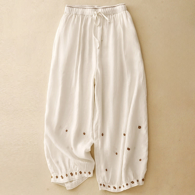 Buddha Stones Casual Embroidered Petals Women's Cotton Linen 7-8 Length Harem Pants With Pockets - Linen - US12,UK/AU16,EU44 (2XL) - image 6