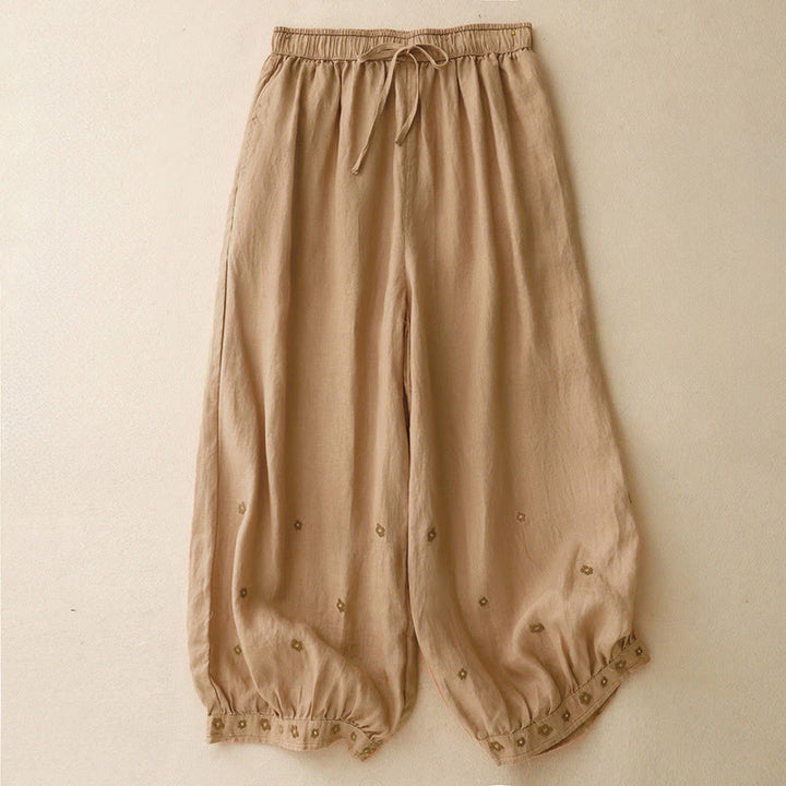 Buddha Stones Casual Embroidered Petals Women's Cotton Linen 7-8 Length Harem Pants With Pockets - SandyBrown - US12,UK/AU16,EU44 (2XL) - image 9