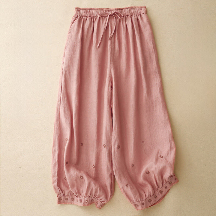 Buddha Stones Casual Embroidered Petals Women's Cotton Linen 7-8 Length Harem Pants With Pockets - LightCoral - US12,UK/AU16,EU44 (2XL) - image 12