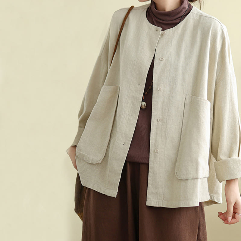 Buddha Stones Plain Design Long Sleeve Women's Cotton Linen Jacket With Pockets - image 4