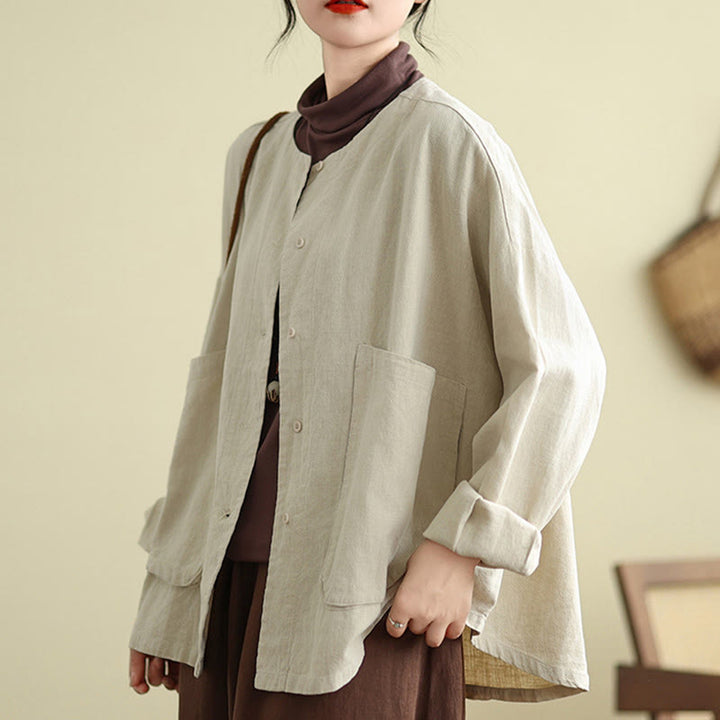 Buddha Stones Plain Design Long Sleeve Women's Cotton Linen Jacket With Pockets - Beige - US14,UK/AU18,EU46 (2XL) - image 0