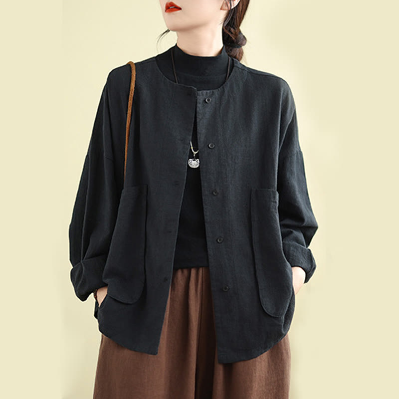 Buddha Stones Plain Design Long Sleeve Women's Cotton Linen Jacket With Pockets - Black - US14,UK/AU18,EU46 (2XL) - image 10