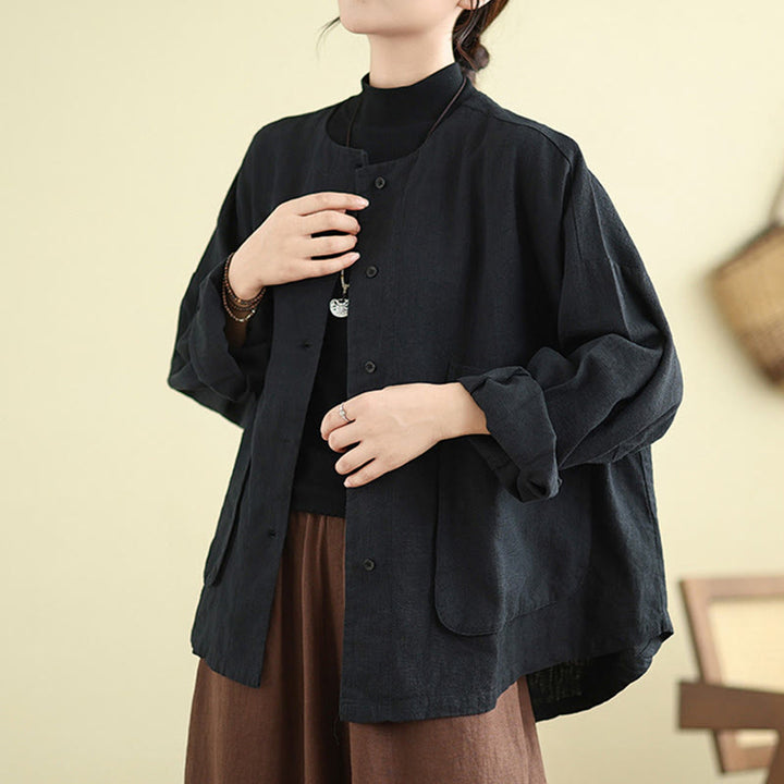Buddha Stones Plain Design Long Sleeve Women's Cotton Linen Jacket With Pockets - image 11