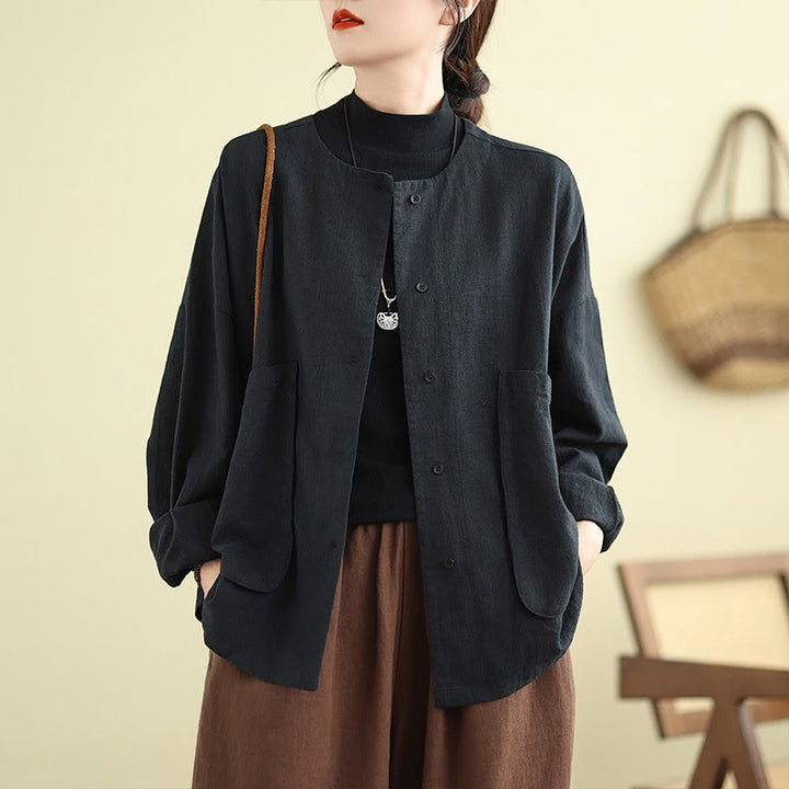 Buddha Stones Plain Design Long Sleeve Women's Cotton Linen Jacket With Pockets - image 15