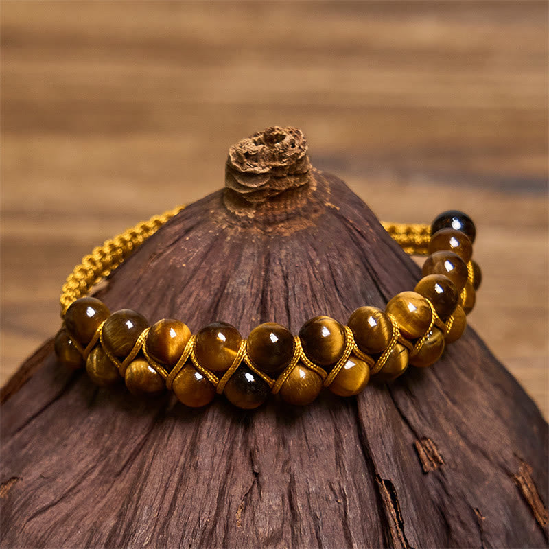 Buddha Stones Natural Tiger Eye Cinnabar Hand-woven Double Row Beads Protection Bracelet - Tiger Eye(Wrist Circumference: 14-24cm) - image 0