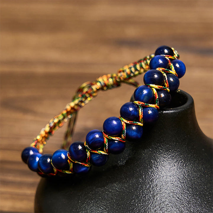 Buddha Stones Natural Blue Tiger Eye Hand-woven Colored Rope Double Row Beads Balance Bracelet - Blue Tiger Eye(Wrist Circumference: 14-24cm) - image 0