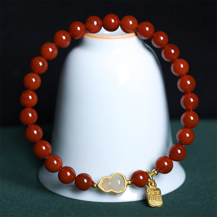 Buddha Stones Natural South Red Agate Hetian Jade Gourd Positive Bracelet - South Red Agate & Jade Gourd (Wrist Circumference: 15-18cm) - image 0