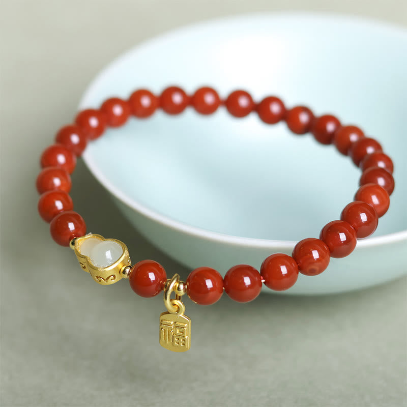 Buddha Stones Natural South Red Agate Hetian Jade Gourd Positive Bracelet - image 4