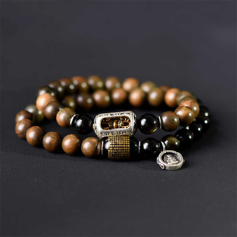 Buddha Stones Tibetan Green Sandalwood Gold Sheen Obsidian Balance Peace Double Wrap Bracelet - image 2