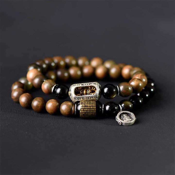 Buddha Stones Tibetan Green Sandalwood Gold Sheen Obsidian Balance Peace Double Wrap Bracelet - image 2