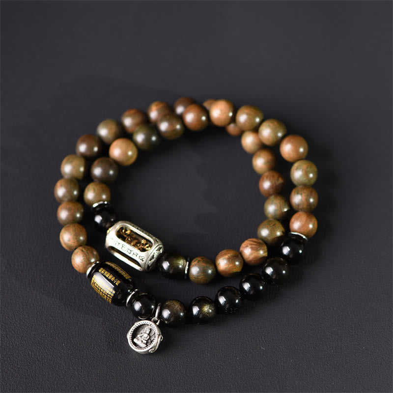 Buddha Stones Tibetan Green Sandalwood Gold Sheen Obsidian Balance Peace Double Wrap Bracelet - 18-19cm - image 0
