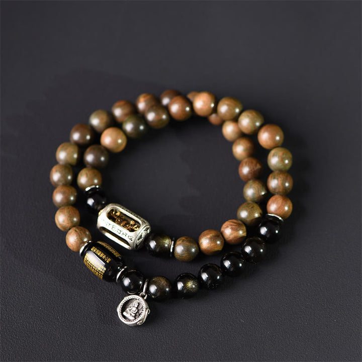 Buddha Stones Tibetan Green Sandalwood Gold Sheen Obsidian Balance Peace Double Wrap Bracelet - 18-19cm - image 0