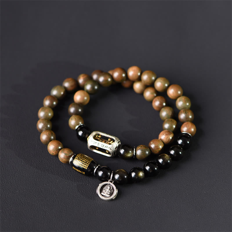 Buddha Stones Tibetan Green Sandalwood Gold Sheen Obsidian Balance Peace Double Wrap Bracelet - image 3