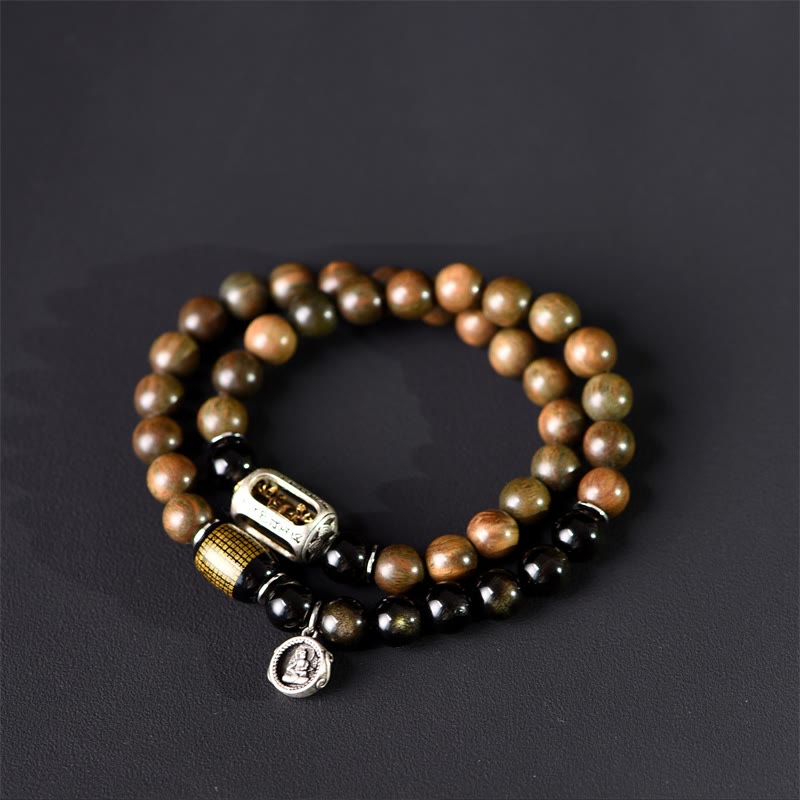 Buddha Stones Tibetan Green Sandalwood Gold Sheen Obsidian Balance Peace Double Wrap Bracelet - image 14