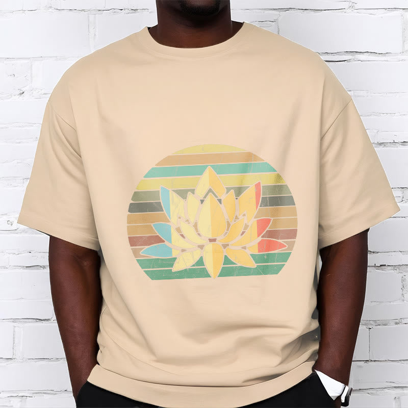 Buddha Stones Casual Retro Striped Background Lotus Flower Pattern Cotton Tee T-shirt - image 9