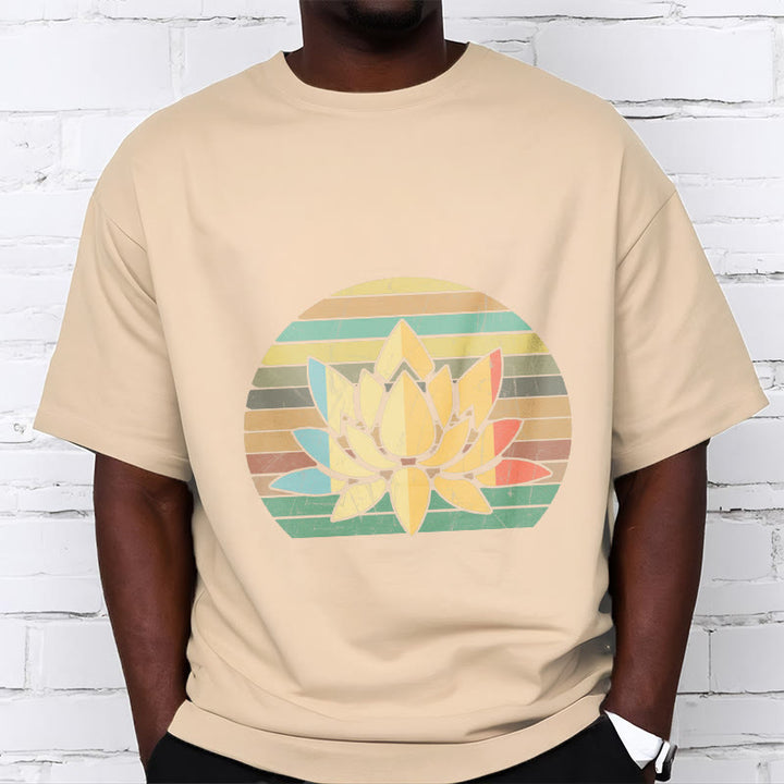 Buddha Stones Casual Retro Striped Background Lotus Flower Pattern Cotton Tee T-shirt - image 9