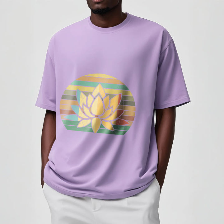 Buddha Stones Casual Retro Striped Background Lotus Flower Pattern Cotton Tee T-shirt - image 17