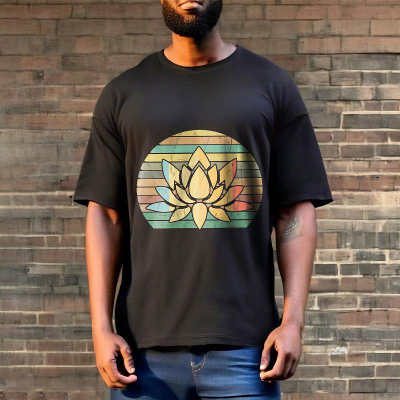 Buddha Stones Casual Retro Striped Background Lotus Flower Pattern Cotton Tee T-shirt - image 2