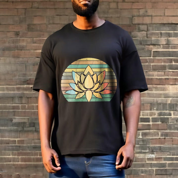 Buddha Stones Casual Retro Striped Background Lotus Flower Pattern Cotton Tee T-shirt - image 2