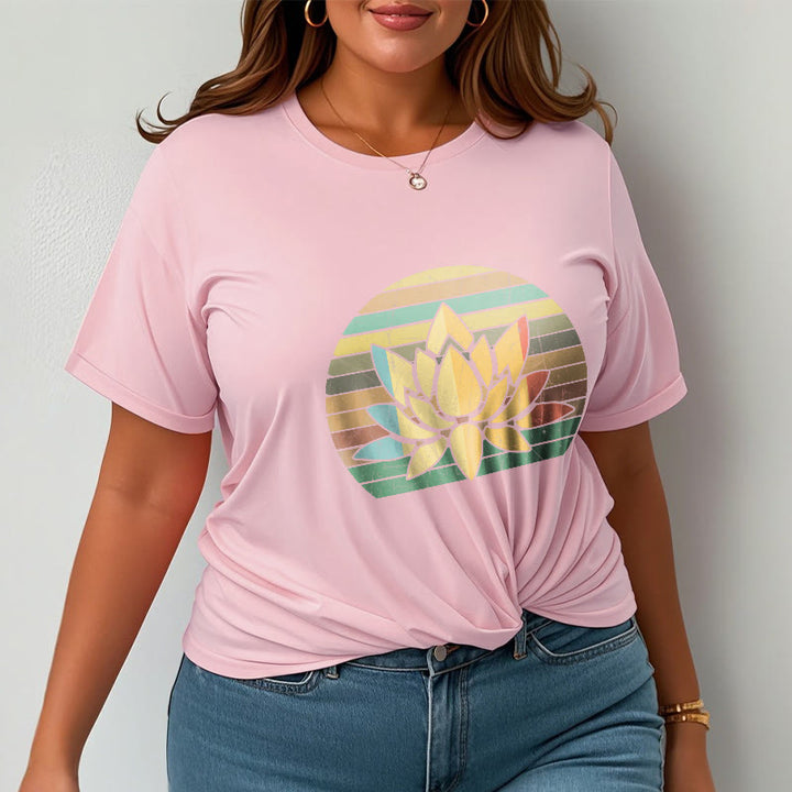 Buddha Stones Casual Retro Striped Background Lotus Flower Pattern Cotton Tee T-shirt - image 13