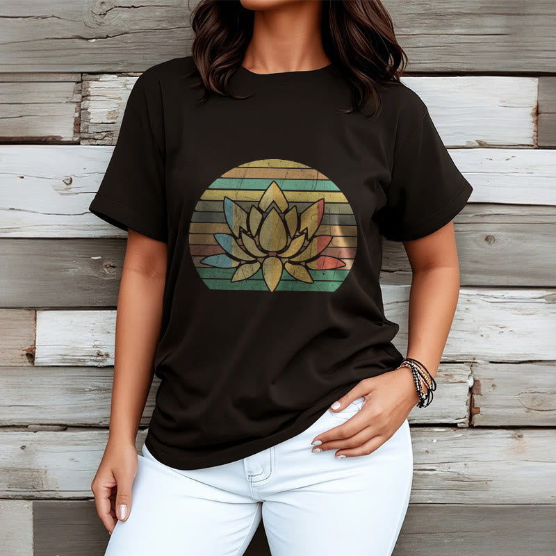 Buddha Stones Casual Retro Striped Background Lotus Flower Pattern Cotton Tee T-shirt - image 3