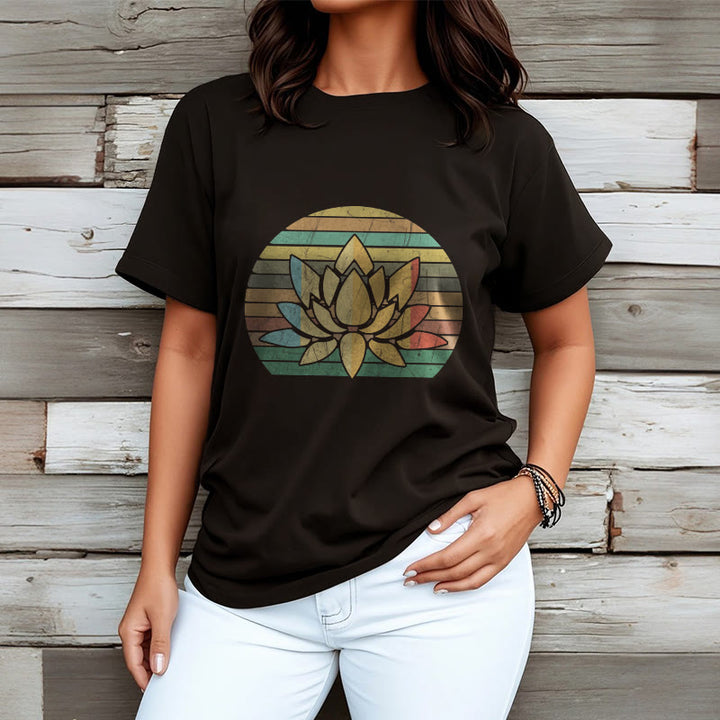 Buddha Stones Casual Retro Striped Background Lotus Flower Pattern Cotton Tee T-shirt - image 3