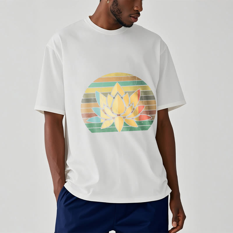 Buddha Stones Casual Retro Striped Background Lotus Flower Pattern Cotton Tee T-shirt - image 6
