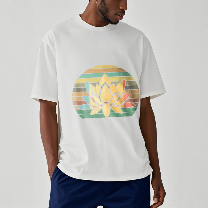 Buddha Stones Casual Retro Striped Background Lotus Flower Pattern Cotton Tee T-shirt - image 6