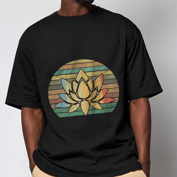 Buddha Stones Casual Retro Striped Background Lotus Flower Pattern Cotton Tee T-shirt - image 1