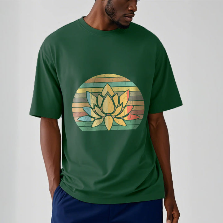 Buddha Stones Casual Retro Striped Background Lotus Flower Pattern Cotton Tee T-shirt - image 11