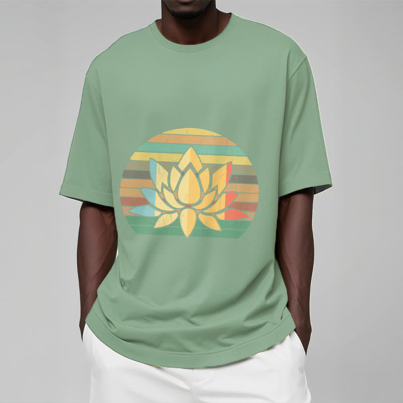 Buddha Stones Casual Retro Striped Background Lotus Flower Pattern Cotton Tee T-shirt - image 15