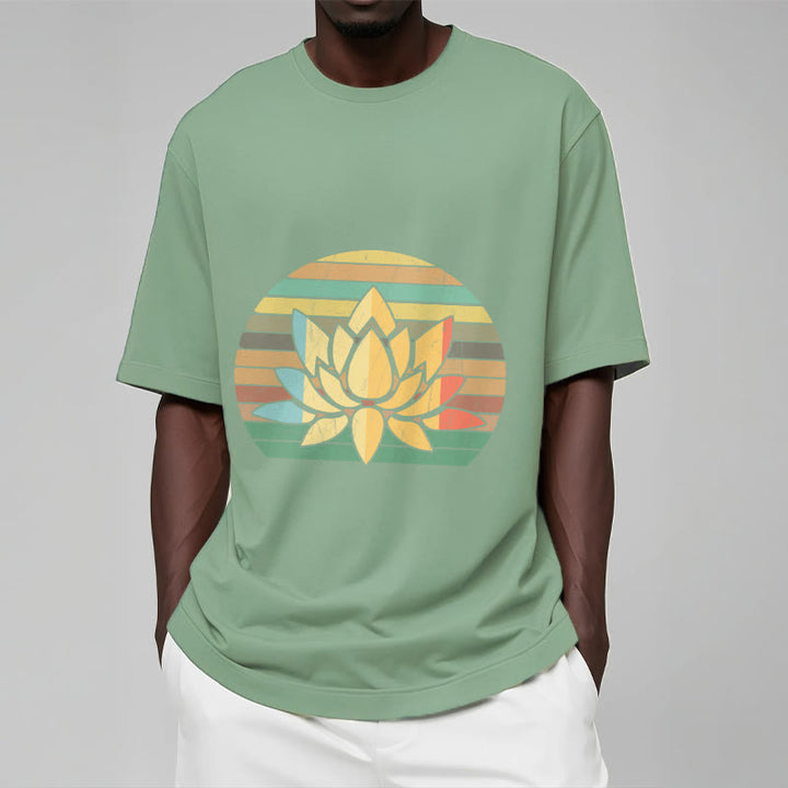 Buddha Stones Casual Retro Striped Background Lotus Flower Pattern Cotton Tee T-shirt - image 15