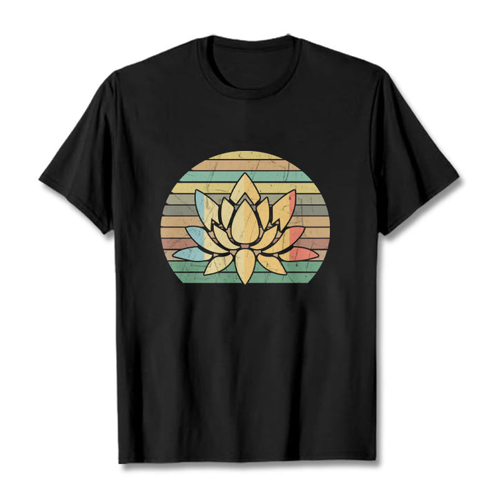 Buddha Stones Casual Retro Striped Background Lotus Flower Pattern Cotton Tee T-shirt - Black - 2XL - image 0