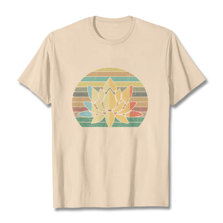 Buddha Stones Casual Retro Striped Background Lotus Flower Pattern Cotton Tee T-shirt - Bisque - 2XL - image 8