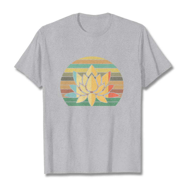 Buddha Stones Casual Retro Striped Background Lotus Flower Pattern Cotton Tee T-shirt - LightGrey - 2XL - image 19