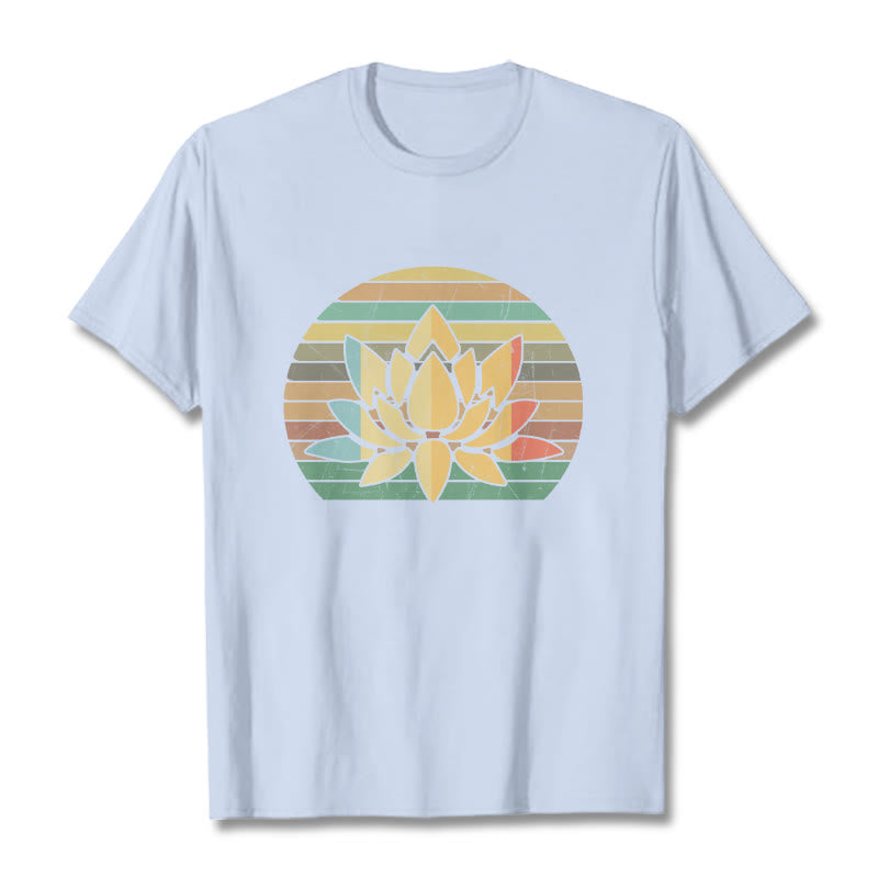Buddha Stones Casual Retro Striped Background Lotus Flower Pattern Cotton Tee T-shirt - LightCyan - 2XL - image 18