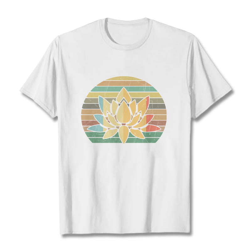 Buddha Stones Casual Retro Striped Background Lotus Flower Pattern Cotton Tee T-shirt - White - 2XL - image 5
