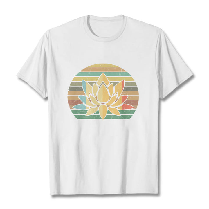 Buddha Stones Casual Retro Striped Background Lotus Flower Pattern Cotton Tee T-shirt - White - 2XL - image 5