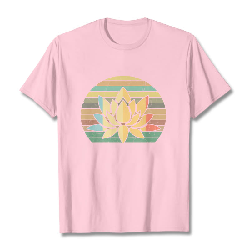 Buddha Stones Casual Retro Striped Background Lotus Flower Pattern Cotton Tee T-shirt - LightPink - 2XL - image 12