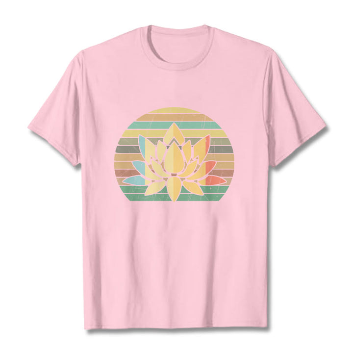 Buddha Stones Casual Retro Striped Background Lotus Flower Pattern Cotton Tee T-shirt - LightPink - 2XL - image 12