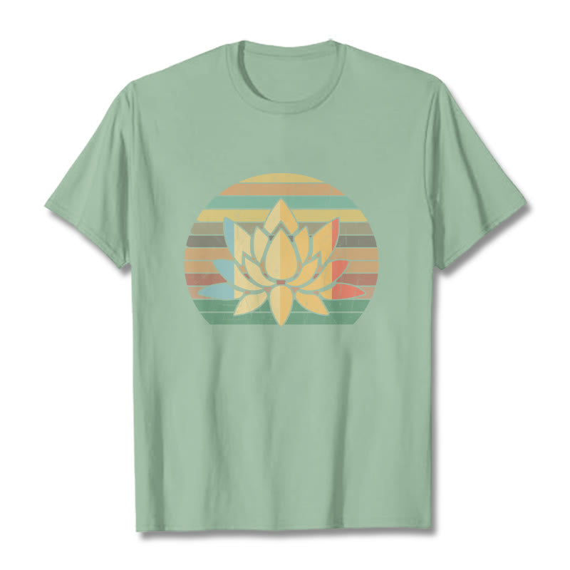 Buddha Stones Casual Retro Striped Background Lotus Flower Pattern Cotton Tee T-shirt - PaleGreen - 2XL - image 14
